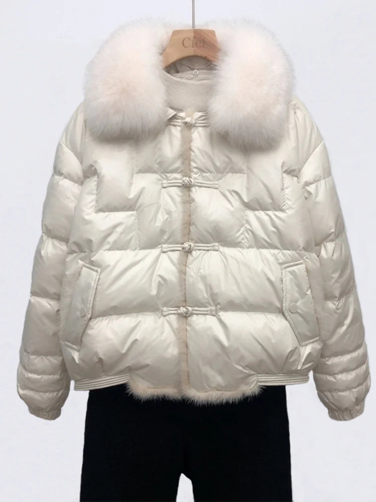 Lagabogy 2025 Real Fox Fur Collar Winter Women 90% White Duck Down Jacket Lady Short Warm Puffer Coat Female Loose Vintage Parka