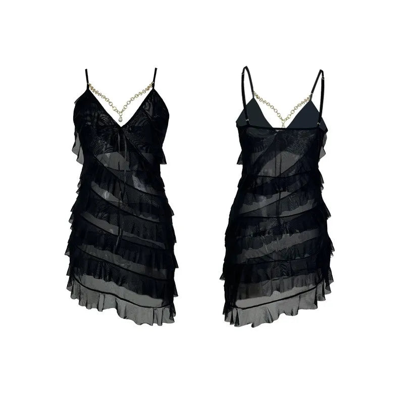 Sexy Night Dress Multi Layered Ruffles Pajamas Dress Golden Chain Pearls Nightgown Mesh Suspender Nightie Home Wear Tiered Skirt