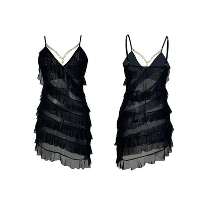 Sexy Night Dress Multi Layered Ruffles Pajamas Dress Golden Chain Pearls Nightgown Mesh Suspender Nightie Home Wear Tiered Skirt