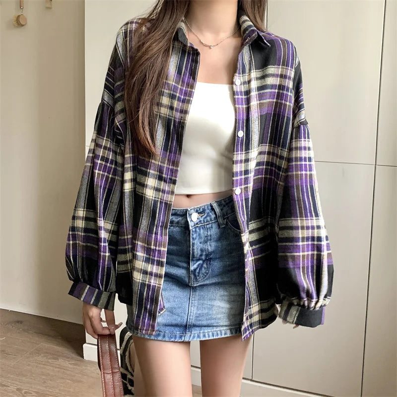 Koszula w kratę Kobiety jesienne długie rękawie Top żeńska moda moda pojedyncza piersi panie w stylu Preppy Style luźne koszule