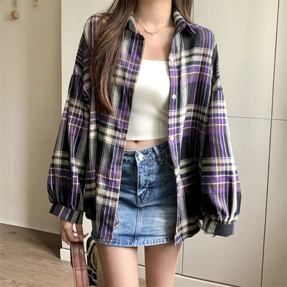 Koszula w kratę Kobiety jesienne długie rękawie Top żeńska moda moda pojedyncza piersi panie w stylu Preppy Style luźne koszule