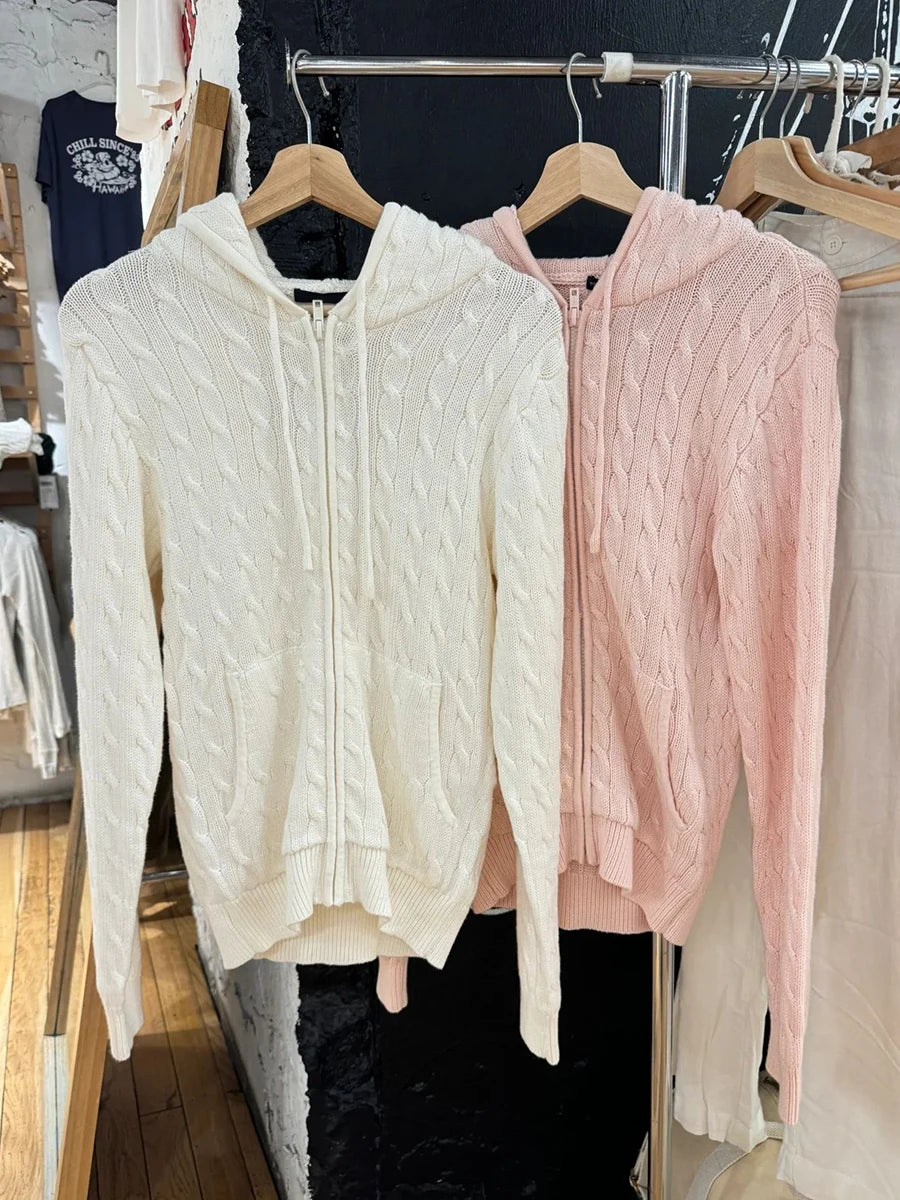 Cardigans de malha rosa de flor torcido Mulheres Autumn Capuzes Capuz Zipper suéter sólido Súlito doce solto casacos y2k