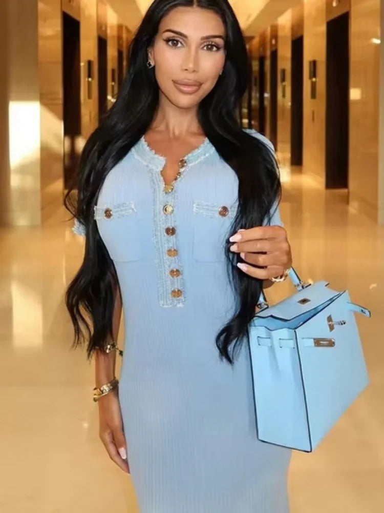 Elegant kontrasterende kvinder strik maxi kjole chic o-hals kortærmet metal knapper bodycon kjoler kontor dame pendler kjortel