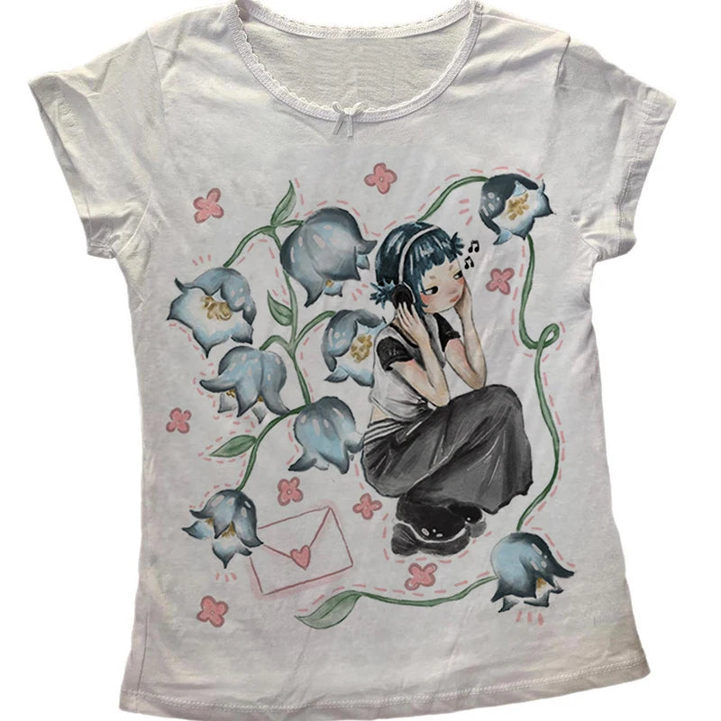 Y2K Korean Popular Clothes Emo Eesthetic Summer Baby Tee Streetwear Gothic Harajuku Graphic Print Тениска жени винтидж реколта отгоре
