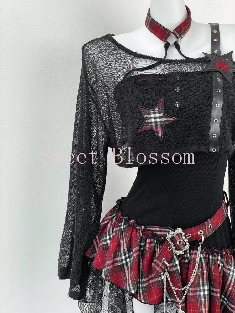 Gothic Hot Girl American Fashion 2 pièces Set Femmes Blouse noire + Chic Robe irrégulière Nouveau désir pur Slim Vintage Suit Summer