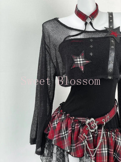 Gothic Hot Girl American Fashion 2 pièces Set Femmes Blouse noire + Chic Robe irrégulière Nouveau désir pur Slim Vintage Suit Summer