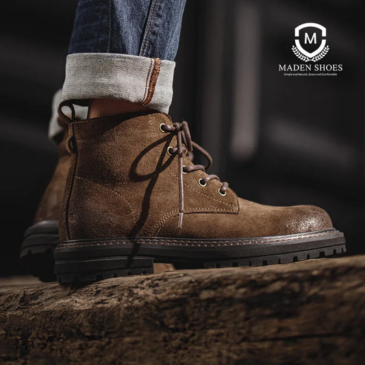 Maden Men's Vintage Split Suede Boots Brown High-Top Work Boots Lace-Up Desert Ankle Rugged Sole Boots Outdoor Winter Fall Shoes