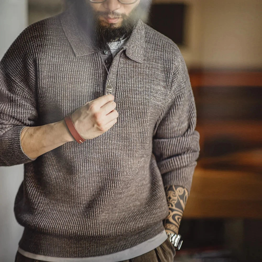 Maden Polo retro Polos de punto suelto Coffee Color Lapel Ségano Otoño Invierno Invierno Tío Fu Jumper