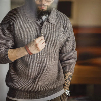 Maden Polo retro Polos de punto suelto Coffee Color Lapel Ségano Otoño Invierno Invierno Tío Fu Jumper