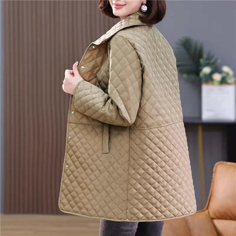 2025New printemps automne rétro confort polyvalent réseau rhombique Light Cotton Women Femmes Parkas Down Cotton Veste chaude Femme