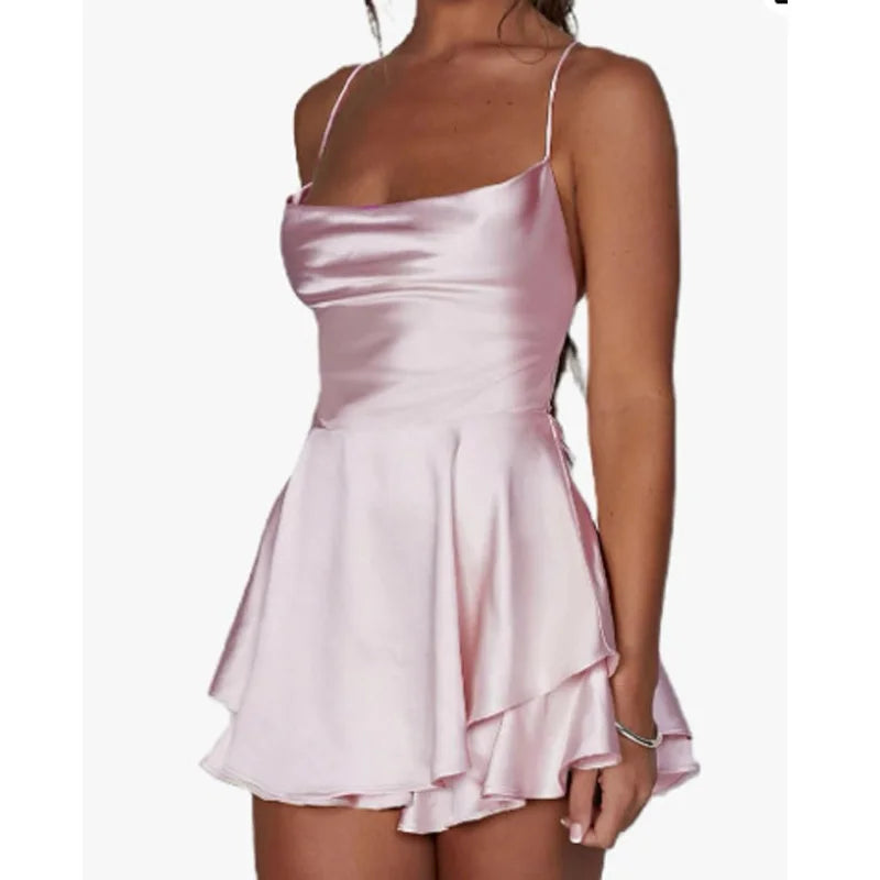 Sommersolwed Color Backless Sexy Fashion Satin Lady Short Strap Dress Elegant Sweet Strap Pullover Kvinners mini -skjørt Nytt 23235