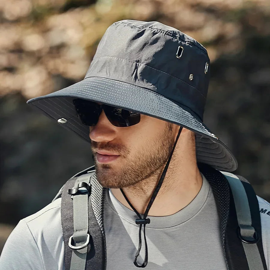New Men's Wide Brim Sun Sombrera - Sombrero de cubo de safari de protección UV impermeable para pescar escalada escalando al aire libre de gran tamaño