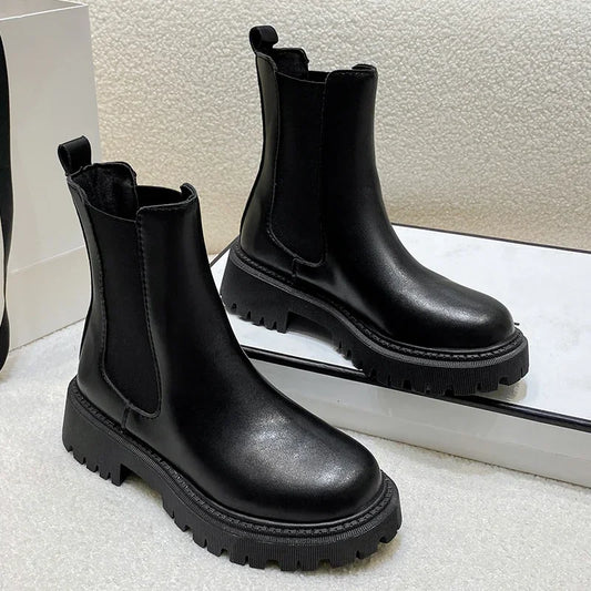 Ankle Boots Autumn Winter Classics Chelsea Boots Women Black Shoes Leather Platform Short Boots Slip on Elastic Band Goth Shoes