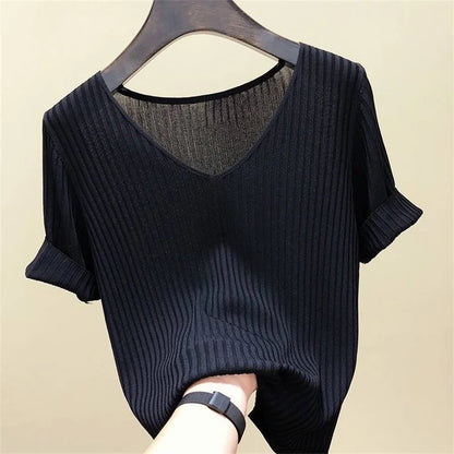 Bluse kvinner blusas mujer de moda verano kort erme bluse v-hals strikket bluse skjorte topper kvinner blusas df4907