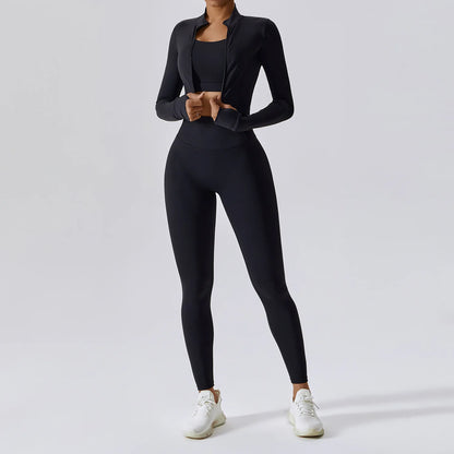 3 Pieces Women Tracksuit Yoga Set Workout Sportswear Gym Clothing Fitness Long Sleeve Crop Top High Waist Leggings Sports Suits