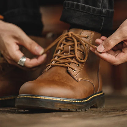 Maden vintage bruin gesplitst lederen high top laarzen mannen herfst en winter motorfiets werk veter ronde teen laarzen buiten enkelschoenen