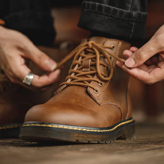 Maden Vintage Brown Split Leather High Top Boots Men Fall and Winter Motorcycle Work Lace-Up Round Toe Boots Outdoor Ankle Shoes