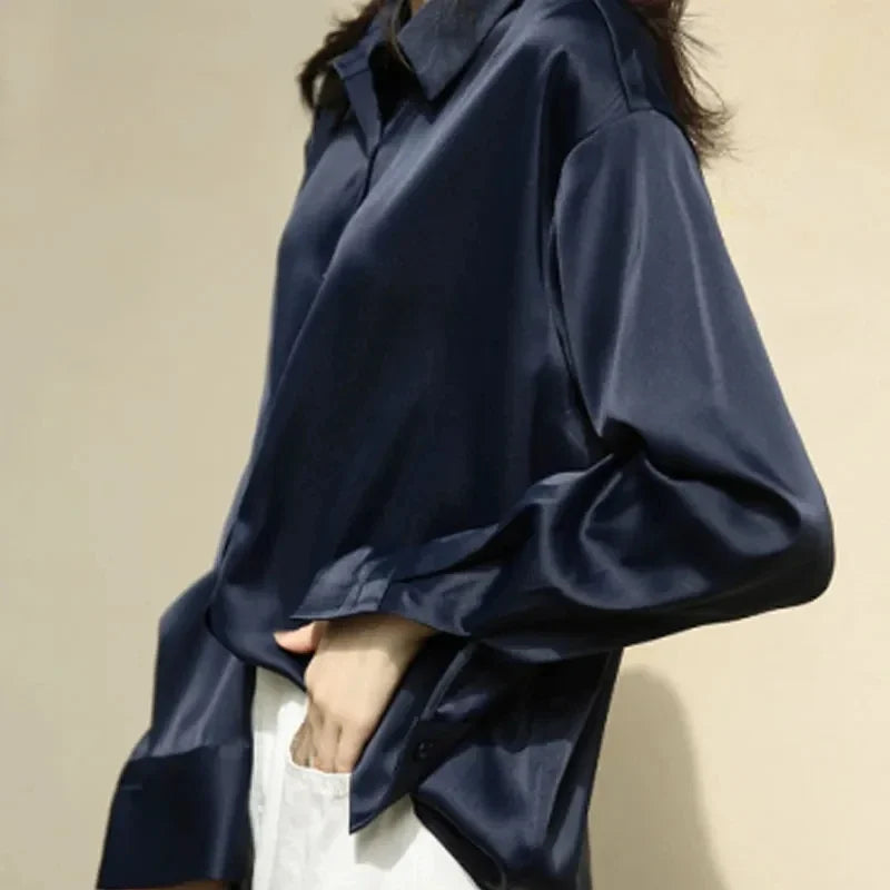 Spring Fashion Button Up Satin Seidenhemd Vintage Bluse Frauen weiße Tops Lady Long Sleeves weibliche losen Straßenhemden 11355