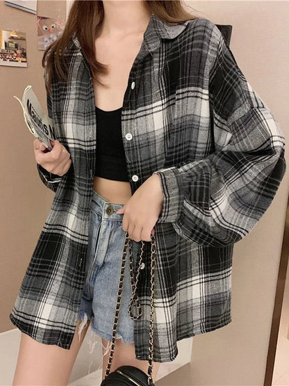Koszula w kratę Kobiety jesienne długie rękawie Top żeńska moda moda pojedyncza piersi panie w stylu Preppy Style luźne koszule