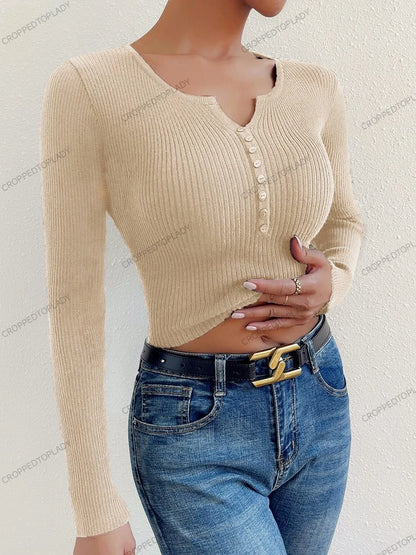 Nuove donne Falf abbottonate a costine Maglietta a maniche lunghe a manica lunghe V Magione a v Rilievo femme slim y2k cupolo pullover maglia