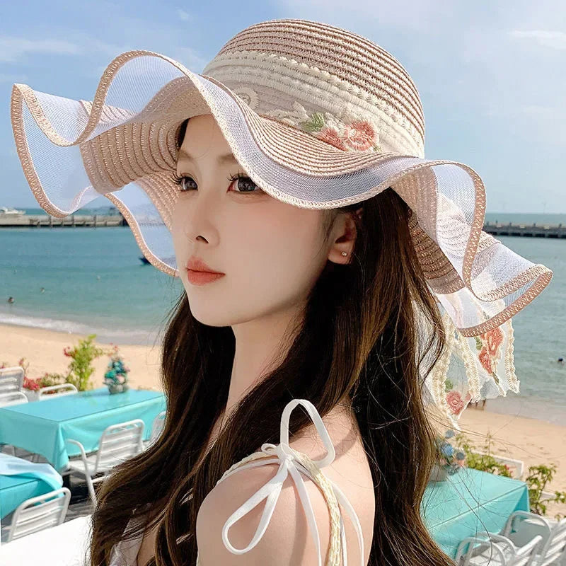 Women Elegant Wide Brim Straw Hat Summer Beach UV Protection Plus Adjustable Sun Hat With Lace Bow Foldable Outdoor Vacation