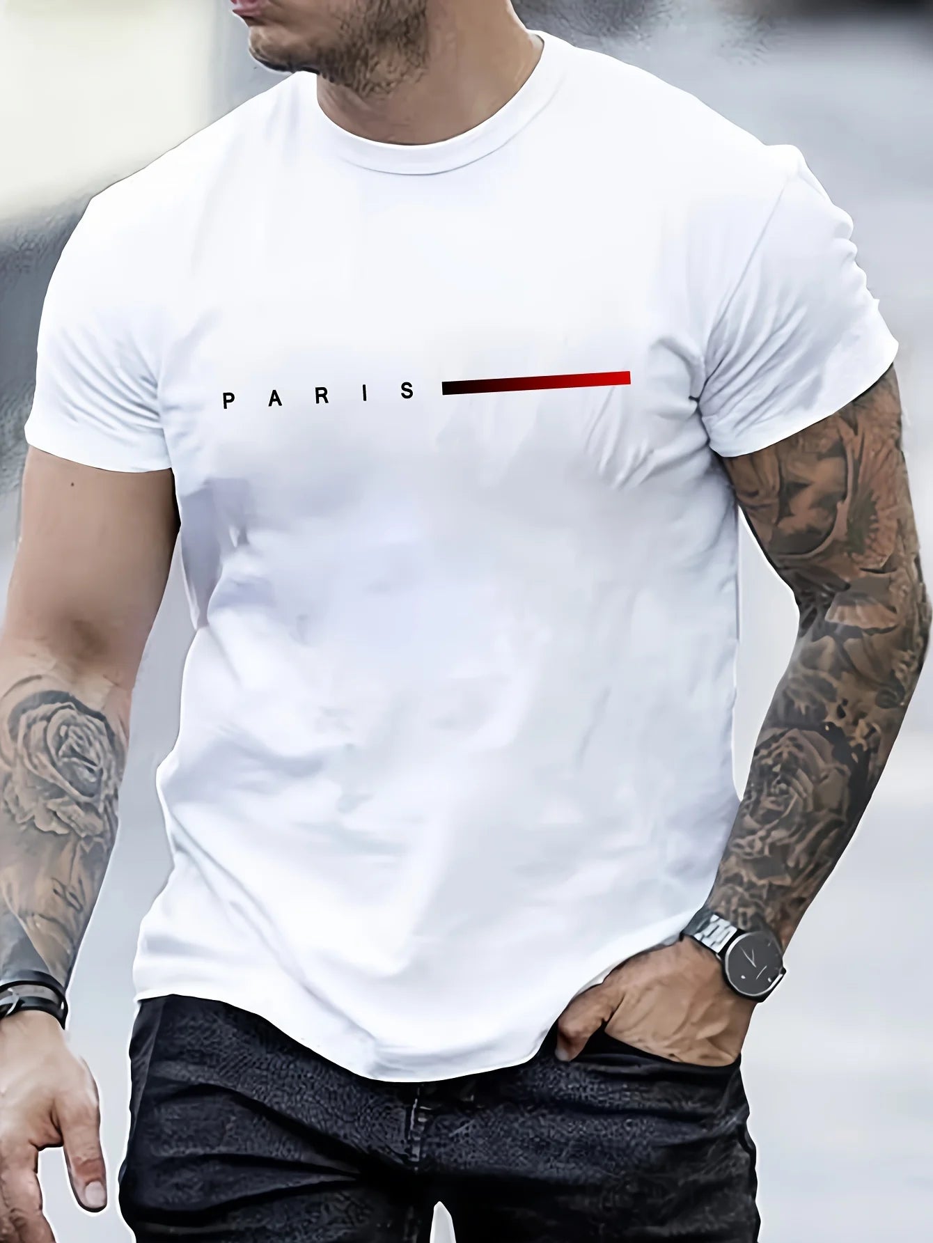 Men's 100% Cotton Summer Loose Paris Creative Letter Impresión Casual Slim Fit Red Lim Camiseta Camiseta de manga corta Top
