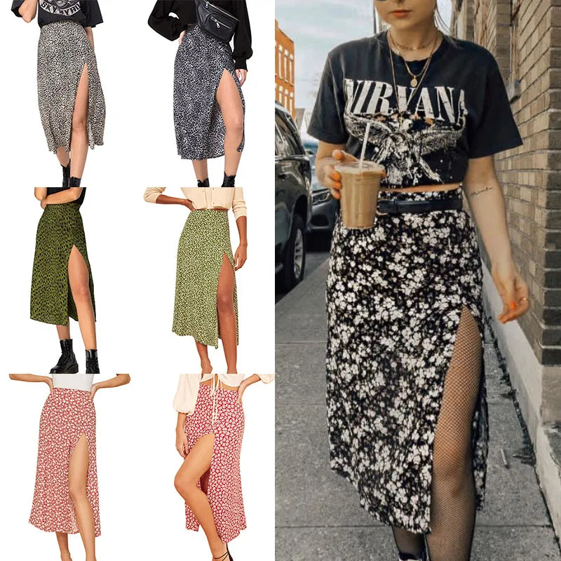 Vintage Skirt Summer Flower Leopard Print High Waist Stretch Long Skirt for Women A-Line Skirts Fashion Beach Maxi Skirt
