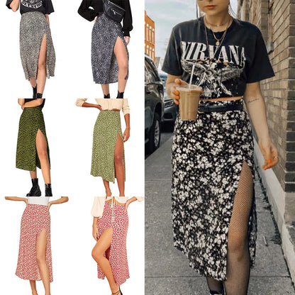 Vintage Skirt Summer Flower Leopard Print High Waist Stretch Long Skirt for Women A-Line Skirts Fashion Beach Maxi Skirt