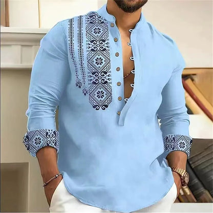 Fashionable 7 Button Men's Long Sleeve Shirt Button Down Shirt Loose Henley V Neck Beach Top T-Shirt High Quality Material