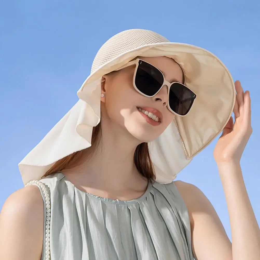 Summer Women Bucket Hat with Shawl Breathable Mesh Face Neck Protection Sun Hat Bow Pleat Wide Brim Hat Travel Beach Cap