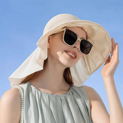 Summer Women Bucket Hat with Shawl Breathable Mesh Face Neck Protection Sun Hat Bow Pleat Wide Brim Hat Travel Beach Cap