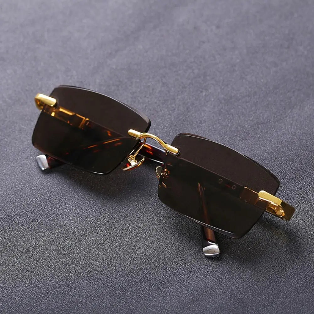 Retro Frameless Men's Sunglasses Green Crystal Stone Cycling Goggles Leopard Print Outdoor Sunglasses Driving Glasses Eyewear