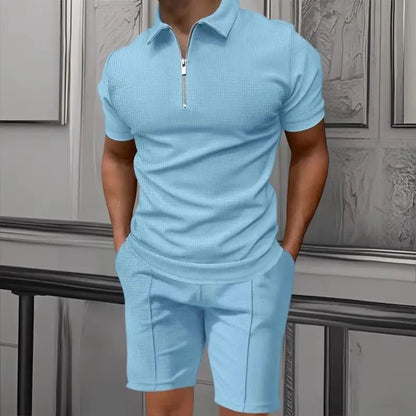 Heren comfortabel wafelpolo shirt met korte mouwen en shorts set - ademende lichtgewicht lente/zomerkleding