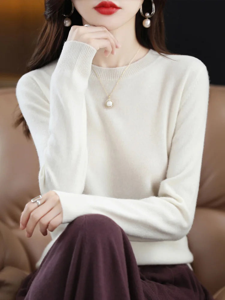 Mode 100% merino ull kvinnors tröja o-hals långärmad pullover vår höst vinter bast Jumper kläder stickkläder toppar