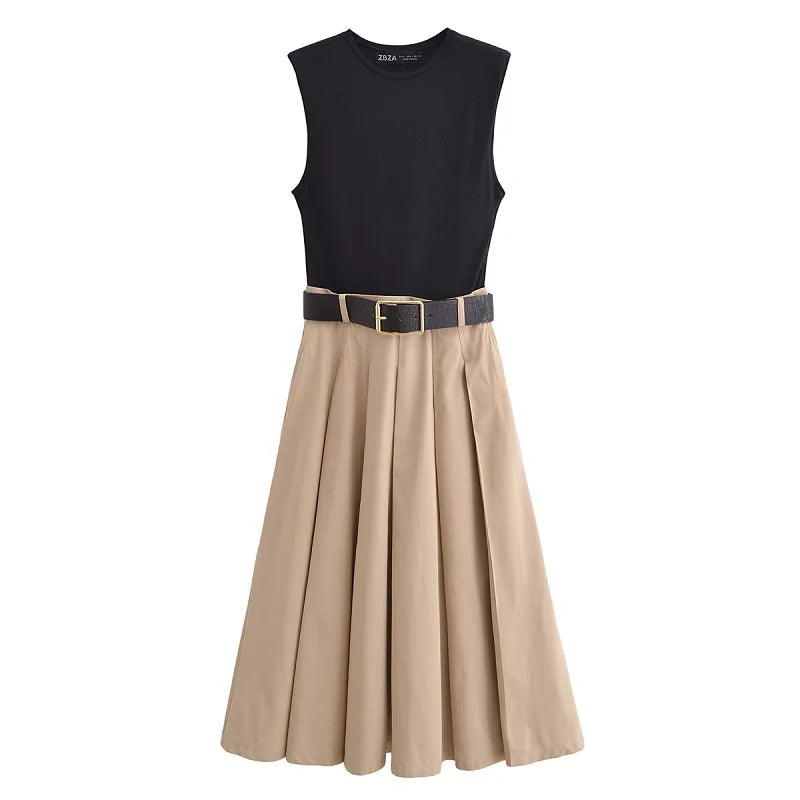 Mujer 2025 Frau Kleider Gürtel Plissee Midi Kleiderinnen Frauen ärmellose Sommerkleid Frau Strickpartykleider für Frauen Sunddress