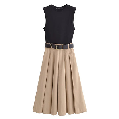 Mujer 2025 Frau Kleider Gürtel Plissee Midi Kleiderinnen Frauen ärmellose Sommerkleid Frau Strickpartykleider für Frauen Sunddress