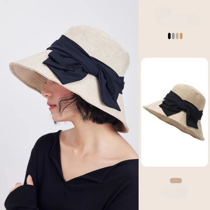USPOP Elegant Wide Brim Cotton Linen Bucket Hat for Women Summer Sun Hat with Bow Foldable UV Protection Beach Hat