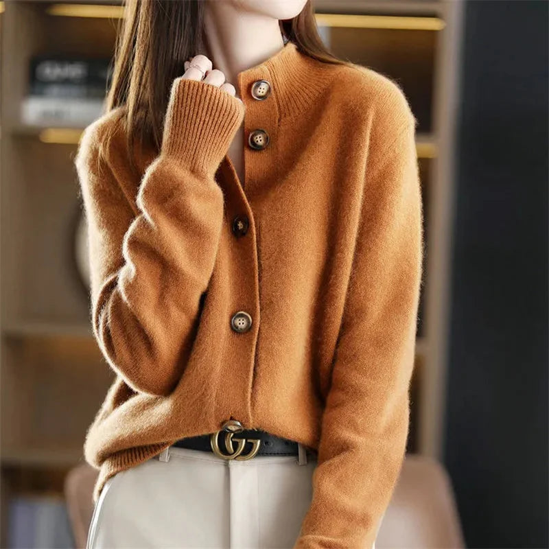Autumn Winter New Stand collar Knitted Cardigan Solid Loose Short Jacket Women's Korean version Long sleeved Sweater Casual top
