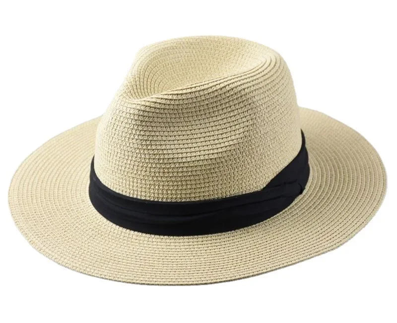 Unisex Panama Straw Hat - leveä reuna -kesärannan aurinkokorkki, säädettävä mitoitus 55-60 cm miehille ja naisille, iso kokoinen fedora