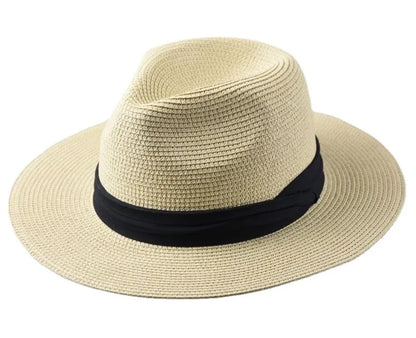 Unisex Panama Straw Hat - leveä reuna -kesärannan aurinkokorkki, säädettävä mitoitus 55-60 cm miehille ja naisille, iso kokoinen fedora
