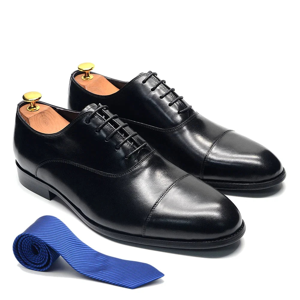 Luxury Genuine Leather Mens Business Dress Shoes Black Cap Toe Lace-Up Oxfords Company Office Wedding Party Formal Shoes for Men