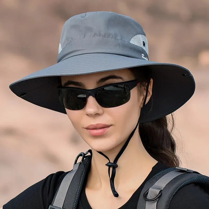 Xinbaoguan 100% polyester 9002 Sommar utomhus solhatt, andningsbar solhatt, fällbar solhatt, kvinnlig hästsvans hål fiskare hatt