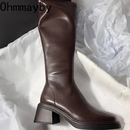 Vintage talon épais femmes genoue bottes hautes mode glissières