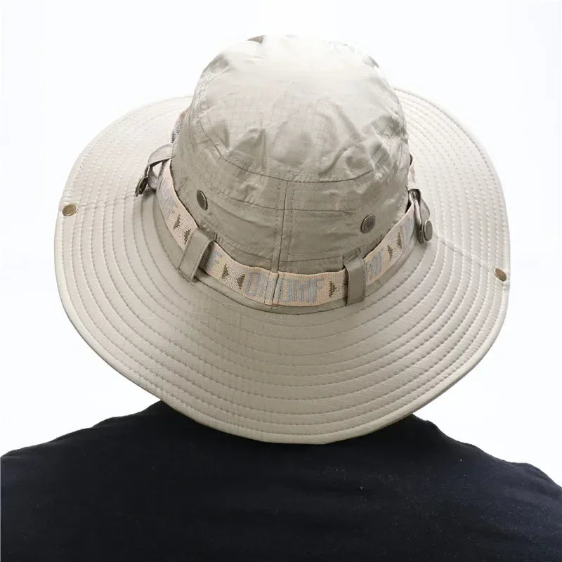 Sommer Männer Eimer Hut Outdoor UV Schutz Weites Schwim Panama Safari Jagd Wanderhut Mesh Fisherman Hut Strand Sonnenschutzmütze