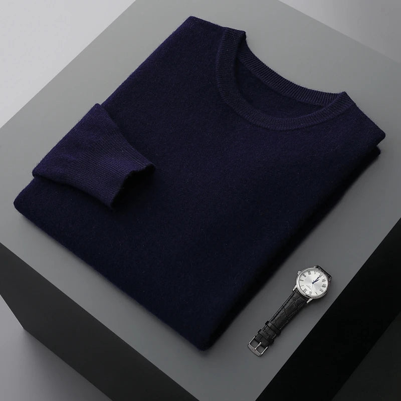 Mvlyflrt 100% puro suéter de lana merino para hombres tops de columna de cuello redondo otoño suéter de color sólido delgado versátil básico