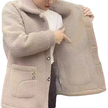 Winter Fleece Coat Single-breasted With Side Pockets Turn-down Collar Coat Coldproof Solid Color Long Sleeves Outwear Jacket