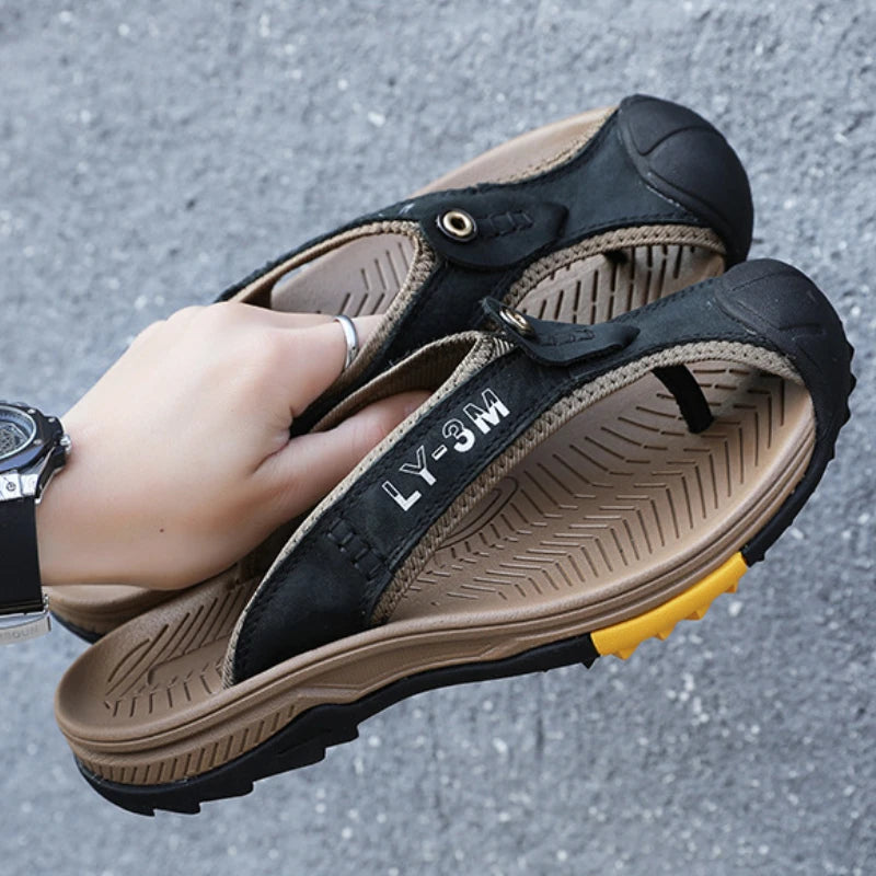Ósvikinn kú leðurskór karlar sandalar flip flops karlkyns