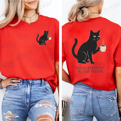 Labava grafička hellom tamnes smiješna majica crni mačji print majica kratki rukavi vrat casual vrh za ljetnu halloween žensku odjeću