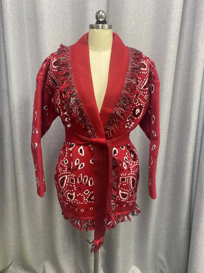 Boho Inspired Women's elegant Belt cashmere cardigan women High quality Wool Tassels jacquard grey knit cardigan long oversized