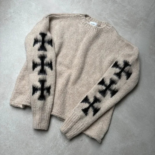 2024 American street retro personalized cross wool sweater men's pullover simple and fashionable top Y2K Harajuku couple sweater